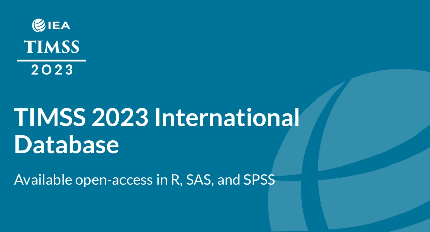 TIMSS 2023 logo with IEA globe and information about the database being available on the TIMSS primary color background