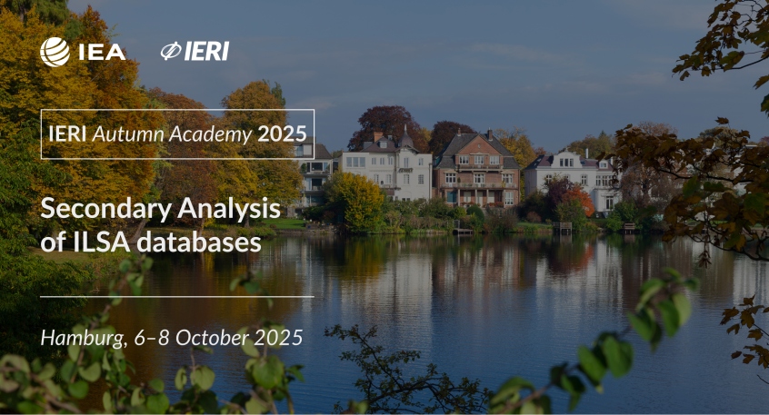 Landscape of ponds, trees, and houses with IERI Autumn Academy title, Secondary Analysis of ILSA Databases