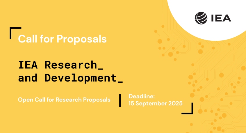 Yellow back ground with text call for proposals: IEA research and development