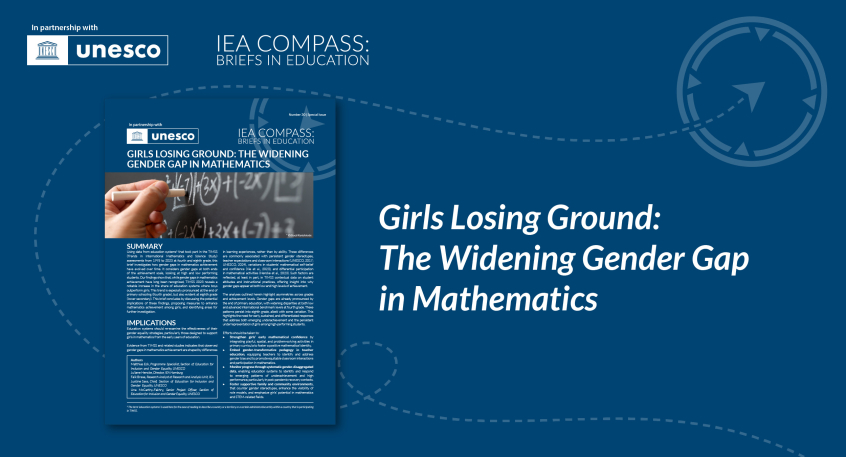 Blue banner displaying the latest IEA Compass Briefs in Education—Girls Losing Ground: The Widening Gender Gap in Mathematics